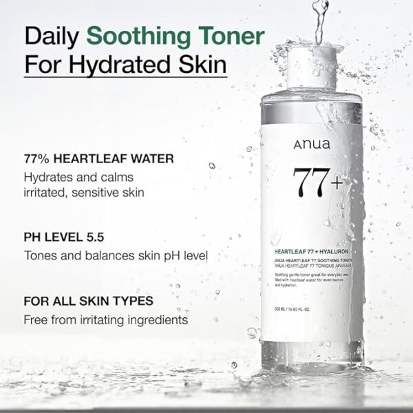 Anua Heartleaf 77% Soothing Toner I pH 5.5 Trouble Care, Calming Skin, Refreshing, Hydrating, Purifying, Cruelty Free, Vegan,(250ml / 8.45 fl.oz.) - Image 6
